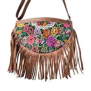 DC Bag Embroidered Floral Fringe Crossbody Purse Brown Boho Western Festival